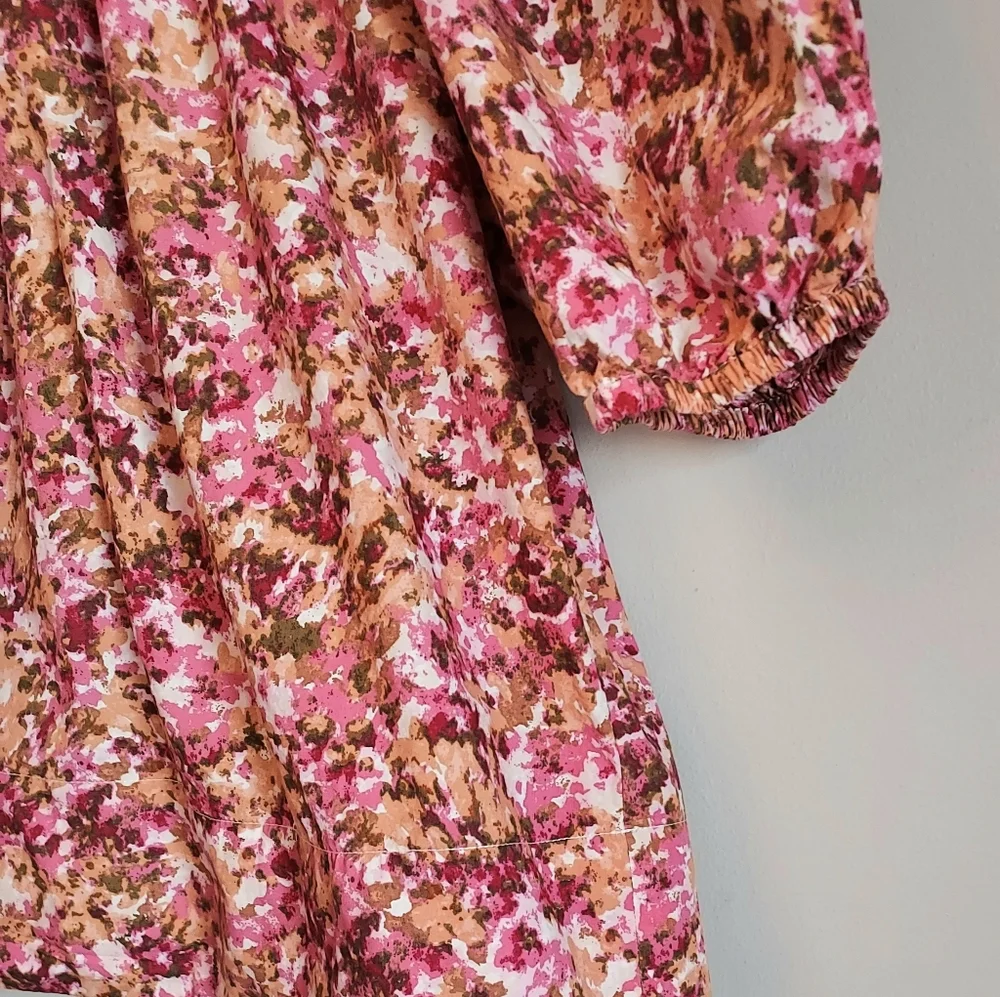 J. Crew Medium Smocked Floral Short Puff Sleeve Pink Floral Blouse Tie Back